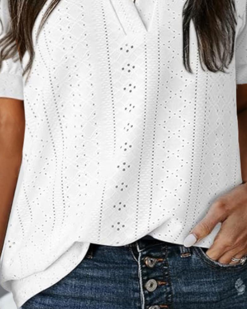 Lace V Neck Short Sleeve Blouse Casual Hollow Out Summer Business Top