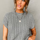Gray Crew Neck Cable Knit Short Sleeve Sweater
