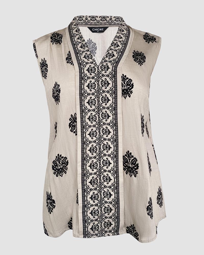 Floral Print V Neck Sleeveless Tank Top Casual Slim Fit Blouse