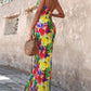 Abstract All Over Print Pleated Design Spaghetti Strap Maxi Dress