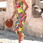 Abstract All Over Print Pleated Design Spaghetti Strap Maxi Dress