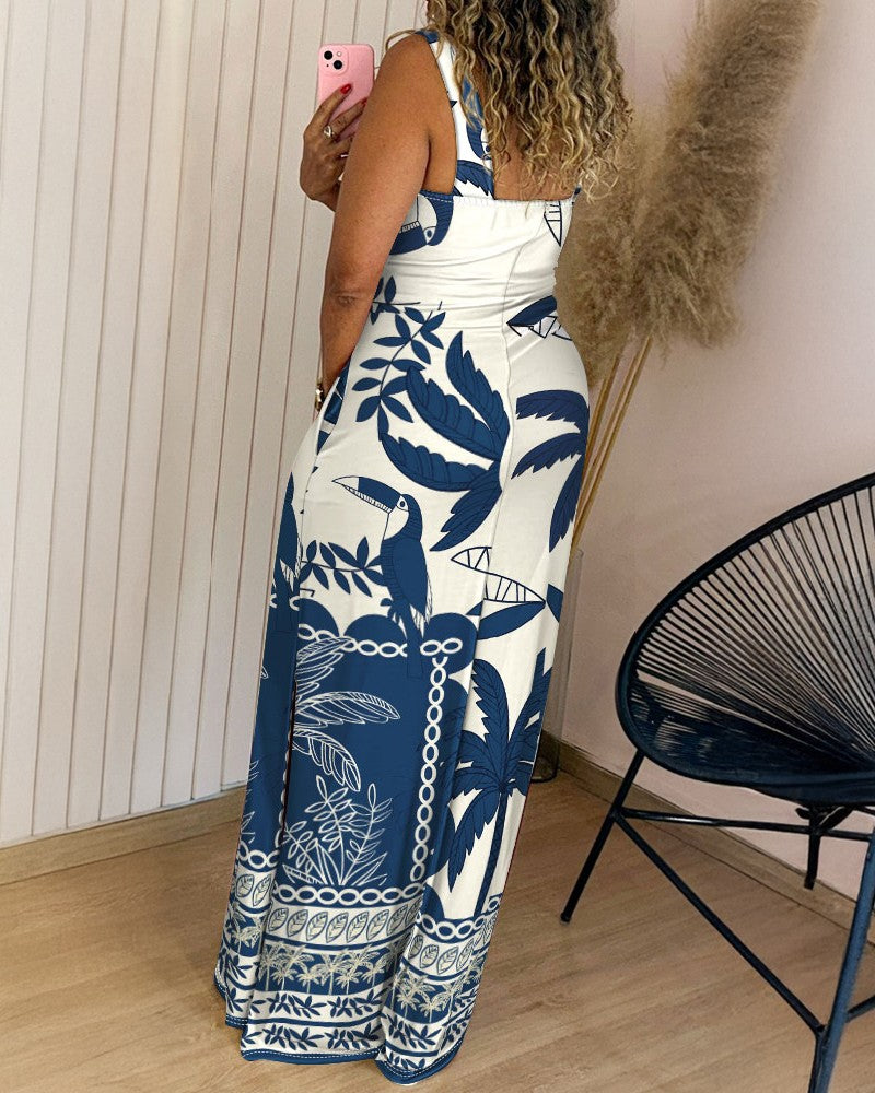 Floral Print Thick Strap Slit Maxi Dress Casual Slim Fit Vacation Dress