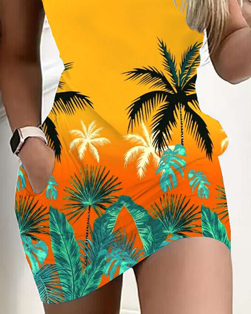 Ombre Tropical Print V Neck Casual Dress