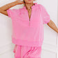 Pink Half Zip Puff Sleeve Top and Ruffled Shorts Set
