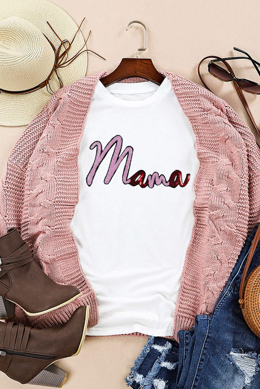 White Sequin mama Graphic Crewneck T Shirt
