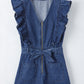 Sail Blue Denim Ruffled Zipped Front Belted Romper