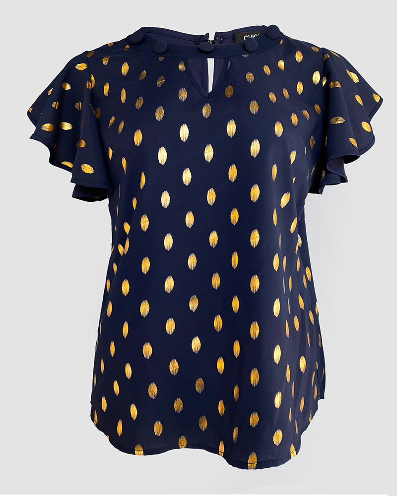 Round Neck Ruffles Short Sleeve Blouse Casual Bronzing Polka Dot Top