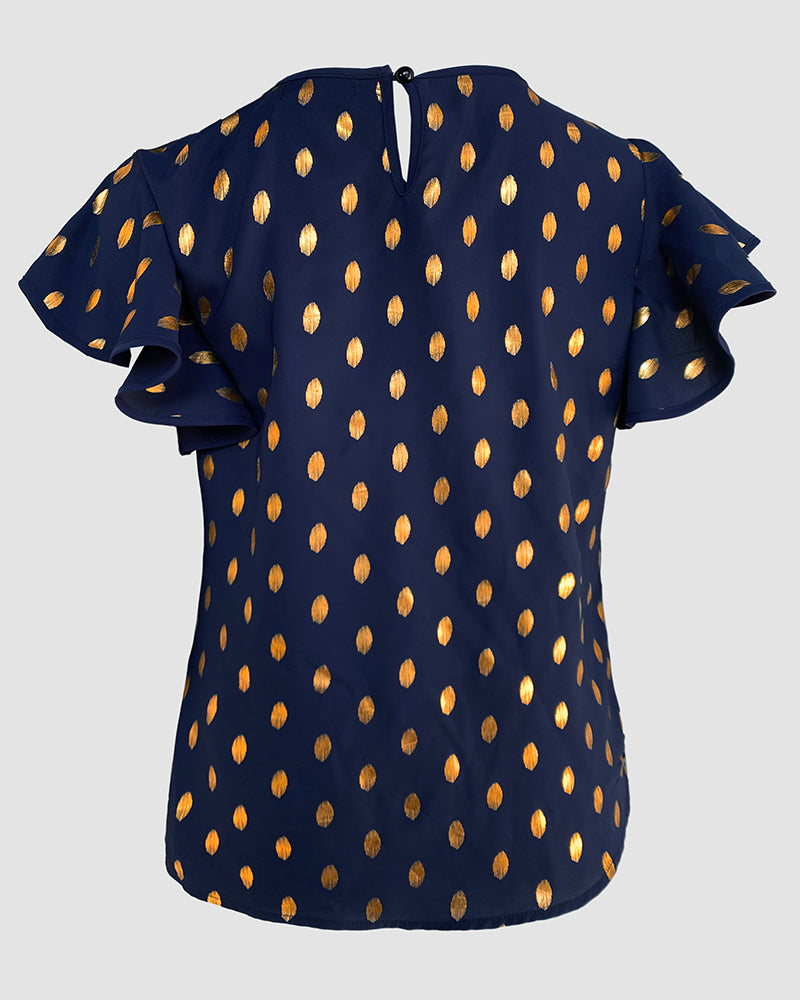 Round Neck Ruffles Short Sleeve Blouse Casual Bronzing Polka Dot Top