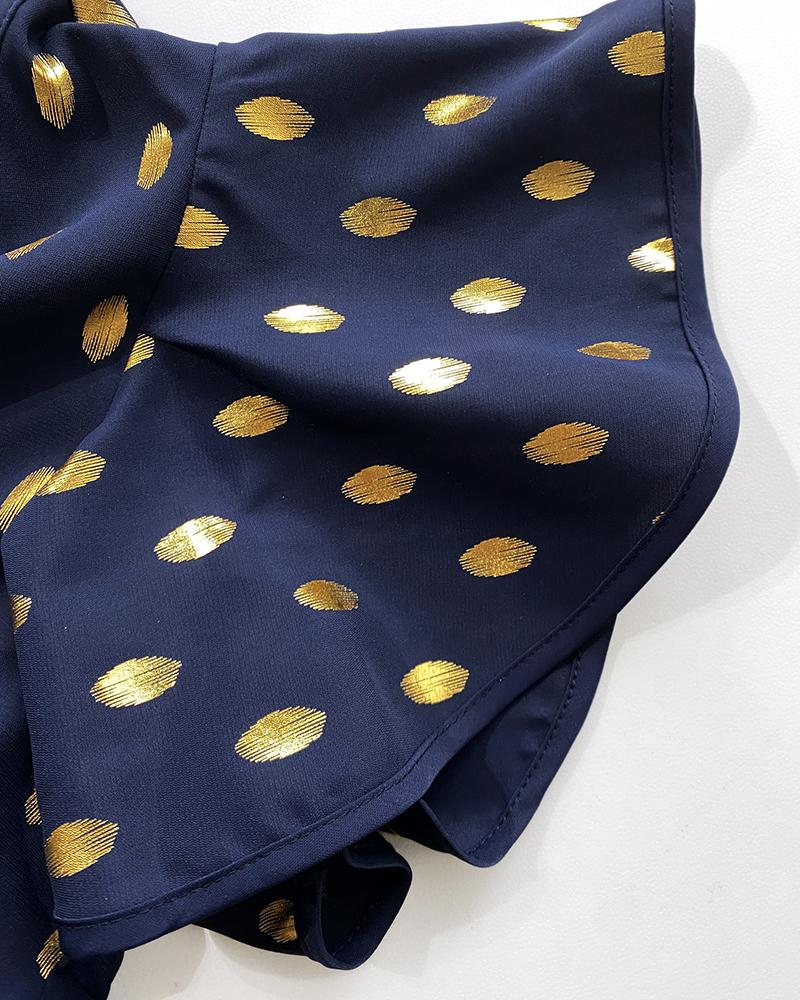 Round Neck Ruffles Short Sleeve Blouse Casual Bronzing Polka Dot Top