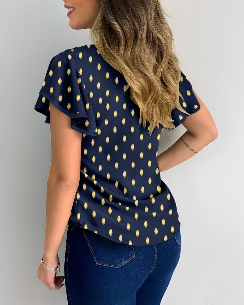 Round Neck Ruffles Short Sleeve Blouse Casual Bronzing Polka Dot Top