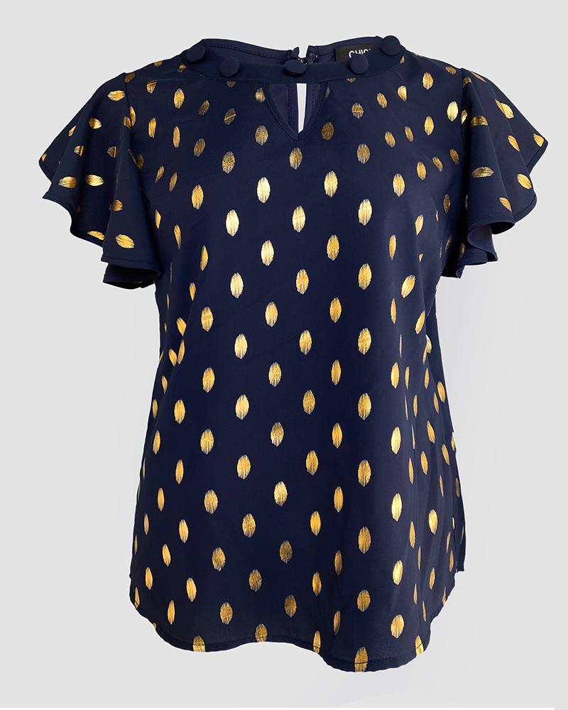 Round Neck Ruffles Short Sleeve Blouse Casual Bronzing Polka Dot Top