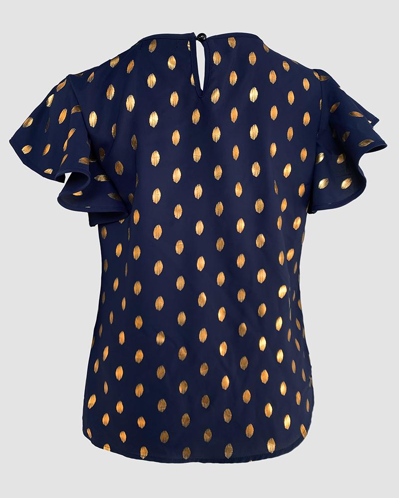 Round Neck Ruffles Short Sleeve Blouse Casual Bronzing Polka Dot Top