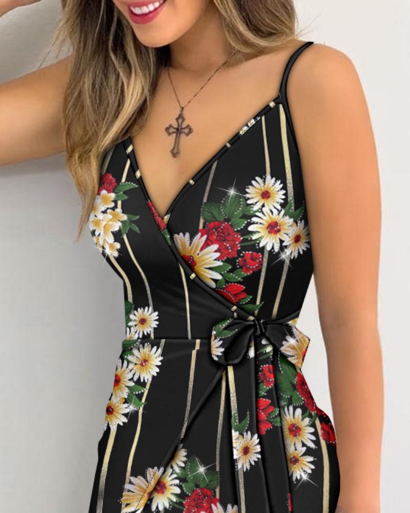 Glitter Floral Print V Neck Spaghetti Strap Dress Casual Criss Cross Tied Detail Mini Dress