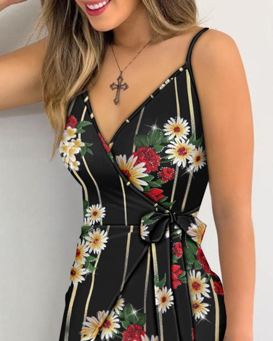 Glitter Floral Print V Neck Spaghetti Strap Dress Casual Criss Cross Tied Detail Mini Dress