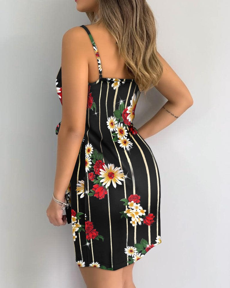 Glitter Floral Print V Neck Spaghetti Strap Dress Casual Criss Cross Tied Detail Mini Dress