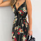 Glitter Floral Print V Neck Spaghetti Strap Dress Casual Criss Cross Tied Detail Mini Dress