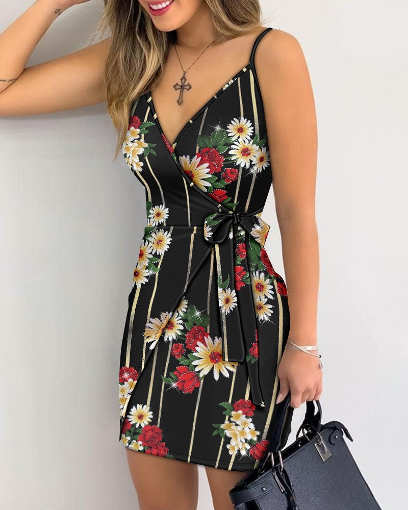 Glitter Floral Print V Neck Spaghetti Strap Dress Casual Criss Cross Tied Detail Mini Dress