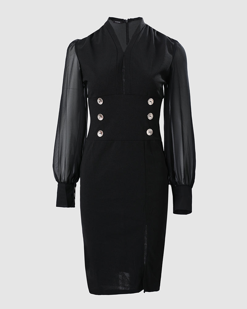 Sheer Mesh Puffed Sleeve Button Design Slit Dress