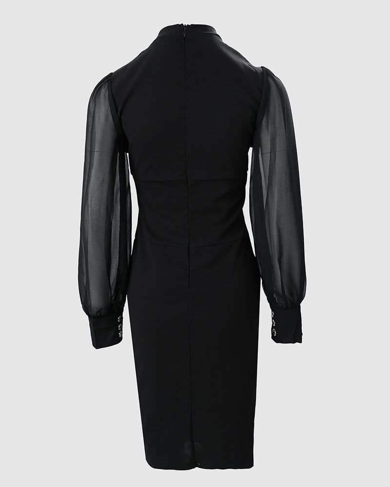 Sheer Mesh Puffed Sleeve Button Design Slit Dress