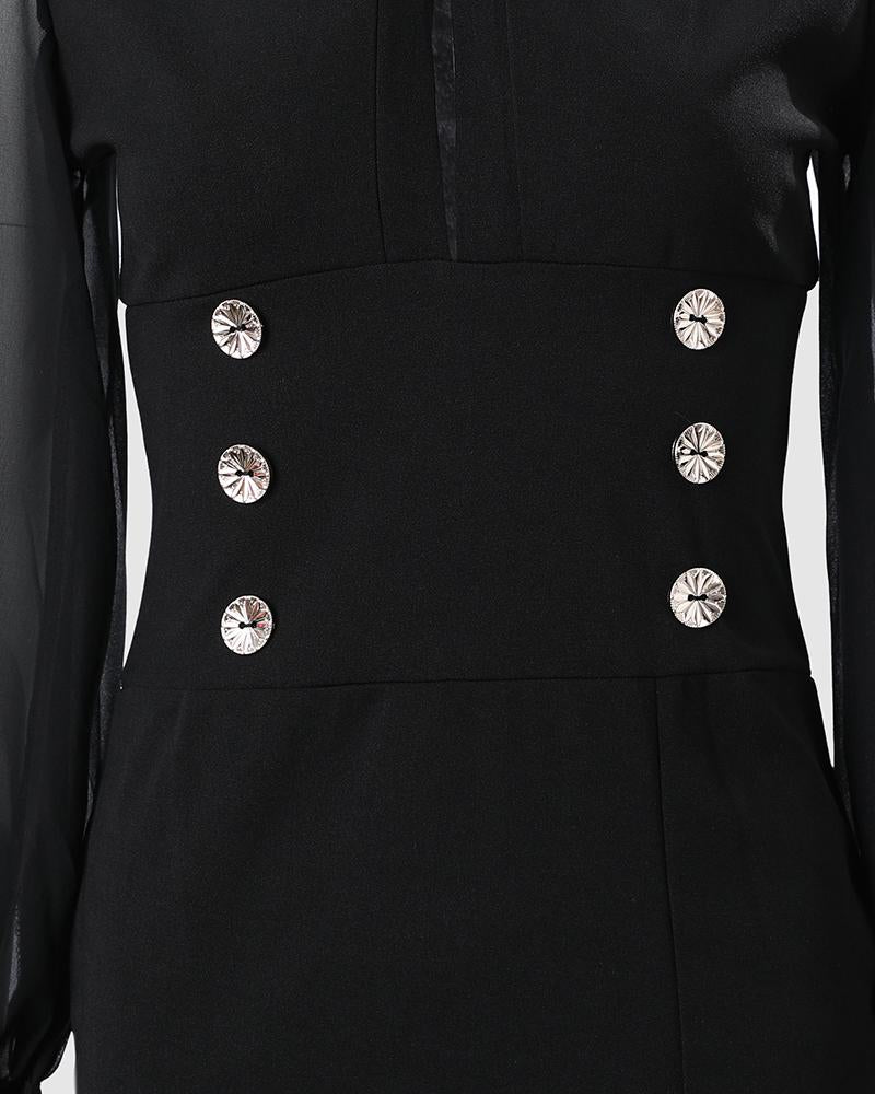 Sheer Mesh Puffed Sleeve Button Design Slit Dress