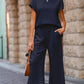 Navy Blue Solid Color Textured Short Sleeve Top and Casual Pants Set