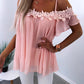 Contrast Lace Cold Shoulder Short Sleeve Ruched Blouse Casual Loose Fit Top