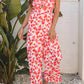 Pink Floral Print Twisted Bandeau Keyhole Pleated Wide Leg Jumpsuit
