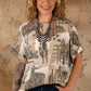 Khaki Western Cowboy Print Cuffed Sleeve Crewneck T Shirt