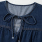 Sail Blue Puff Sleeve Lace-up Neckline Splicing Denim Blouse
