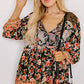 Black Plus Size Paisley Floral Print V Neck Bubble Sleeve Blouse