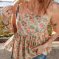 Apricot Floral Print Spaghetti Straps Ruffled Peplum Tank Top