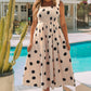 Oatmeal Polka Dot Smocked Fit Flared Sleeveless Long Dress