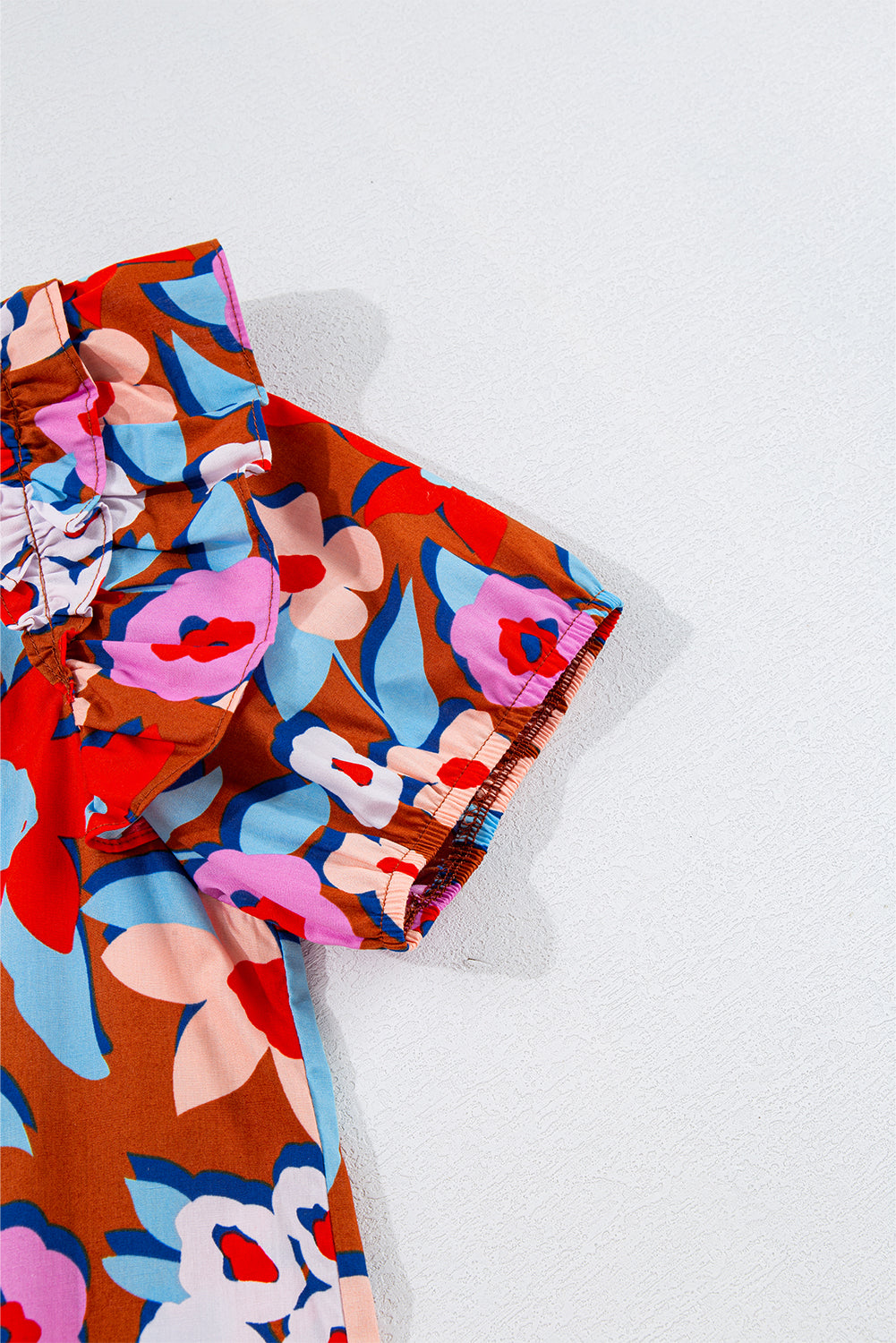 Brown Flower Print Self Tie Frilled Collar Puff Sleeve Blouse