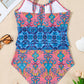 Blue Geometric Print Hollow Out Knotted Waist One Piece Swimsuit