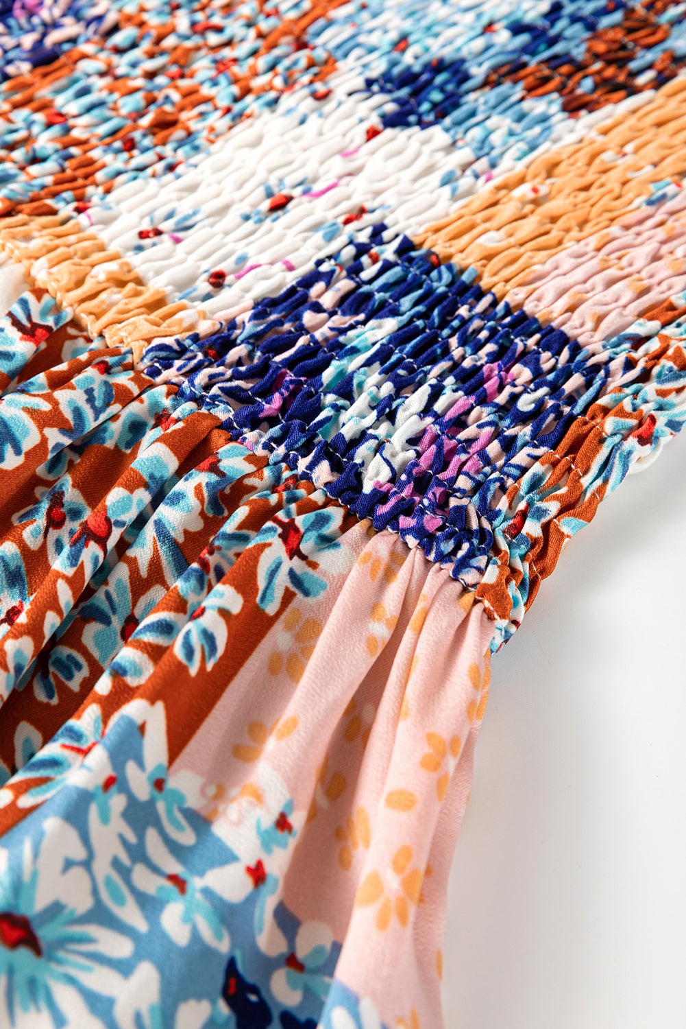 Orange Floral Patchwork Printed Frilled Bandeau Smocked High Waist Long Dress