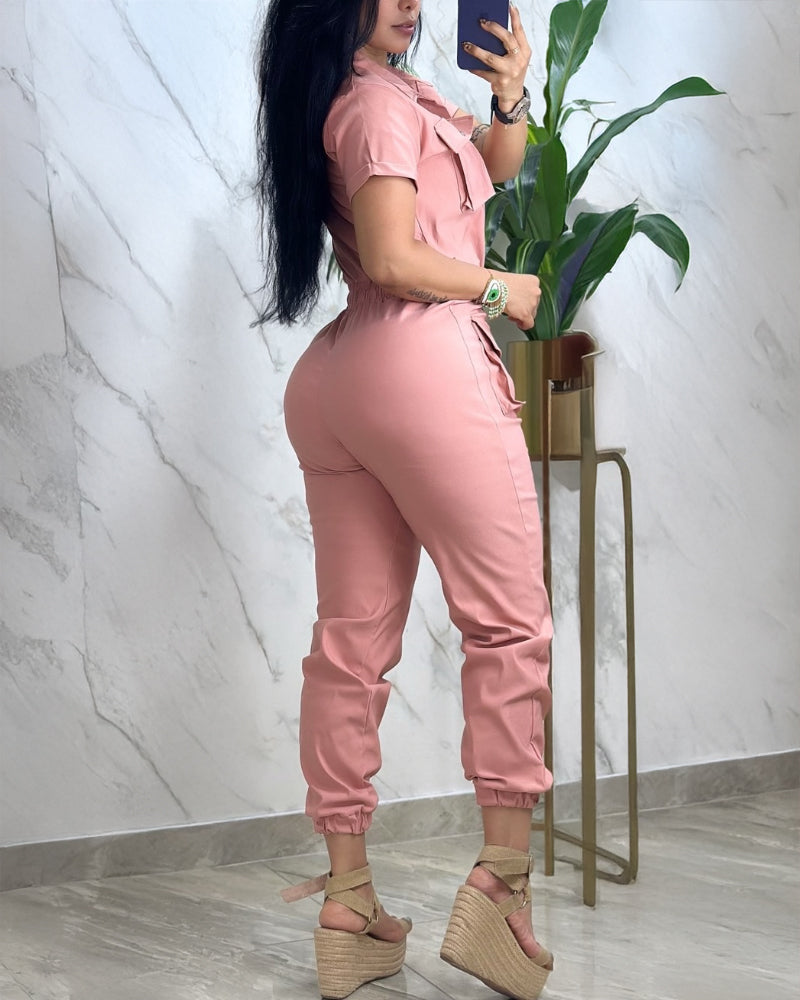 Turn down Collar Short Sleeve Overalls Drawstring Waist Casual Slim Fit Cargo Jumpsuit With Pockets