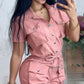 Turn down Collar Short Sleeve Overalls Drawstring Waist Casual Slim Fit Cargo Jumpsuit With Pockets