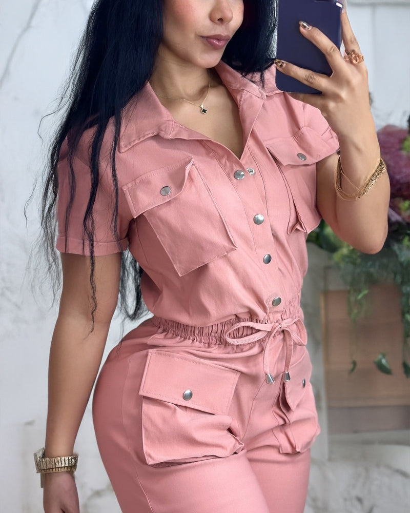 Turn down Collar Short Sleeve Overalls Drawstring Waist Casual Slim Fit Cargo Jumpsuit With Pockets