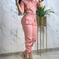 Turn down Collar Short Sleeve Overalls Drawstring Waist Casual Slim Fit Cargo Jumpsuit With Pockets