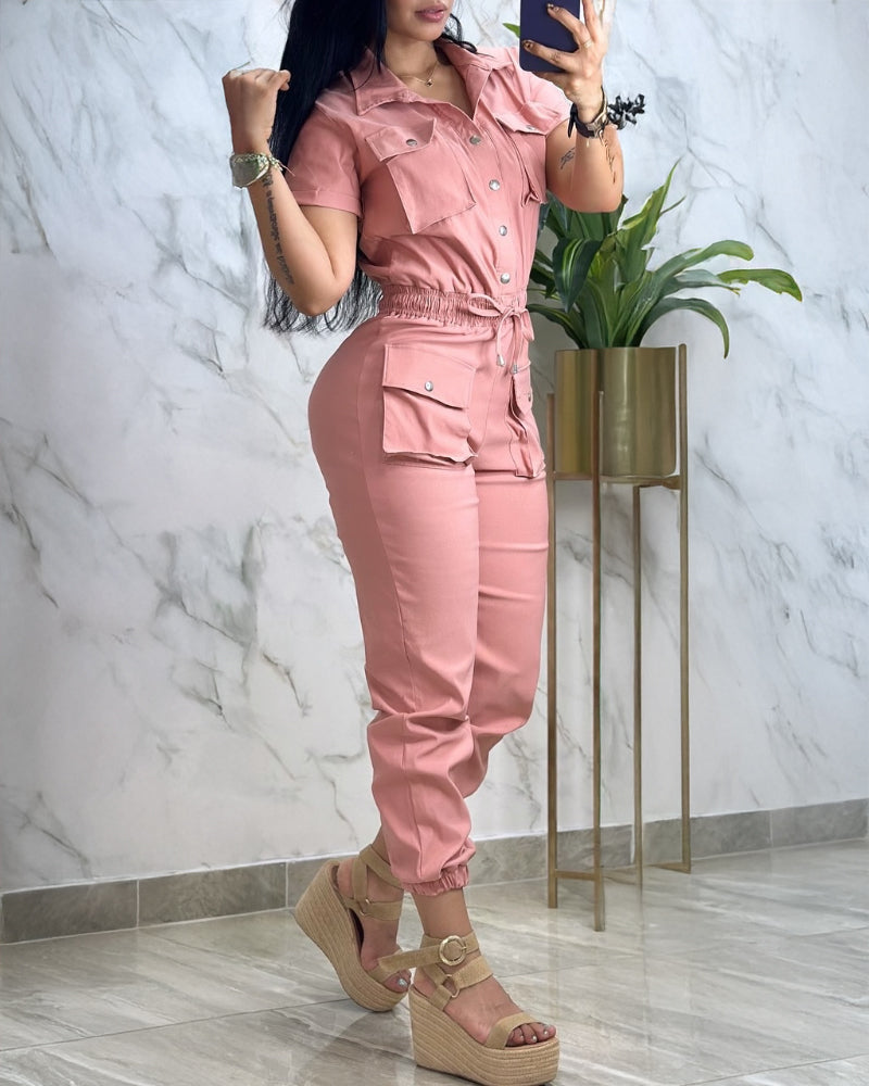 Turn down Collar Short Sleeve Overalls Drawstring Waist Casual Slim Fit Cargo Jumpsuit With Pockets