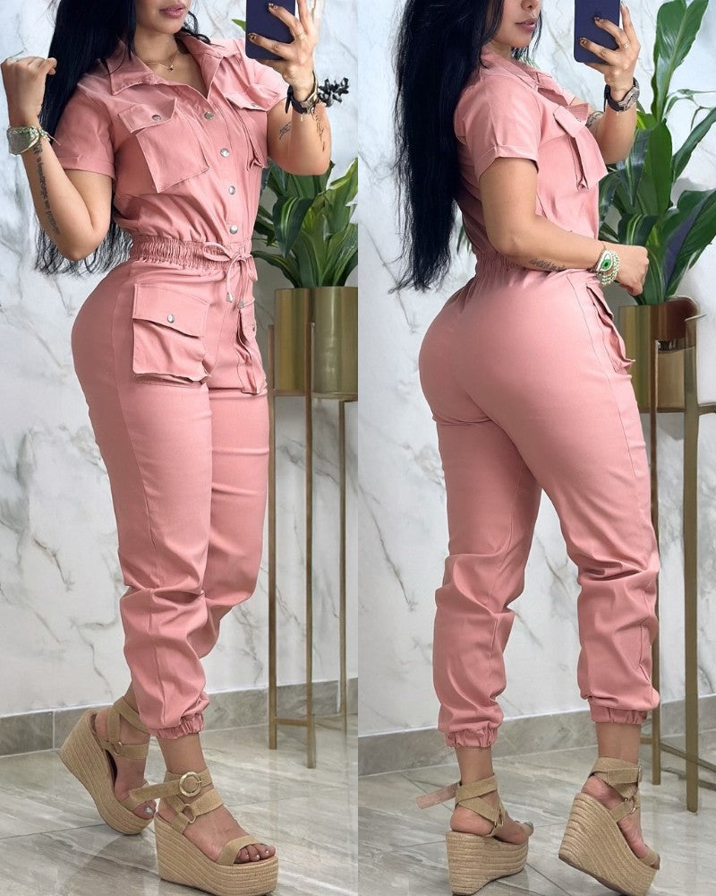 Turn down Collar Short Sleeve Overalls Drawstring Waist Casual Slim Fit Cargo Jumpsuit With Pockets