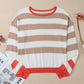 Apricot Colorblock Striped Round Neck Drop Shoulder Sweater
