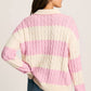 Pink Stripe Cable Knit Collared Henley Sweater