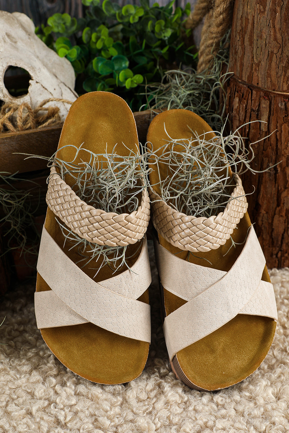 Beige Braided Detail Criss Cross Platform Slippers