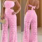 Bandeau Eyelet Embroidery Tied Detail Overalls Casual Cutout Jumpsuit(With Lining)