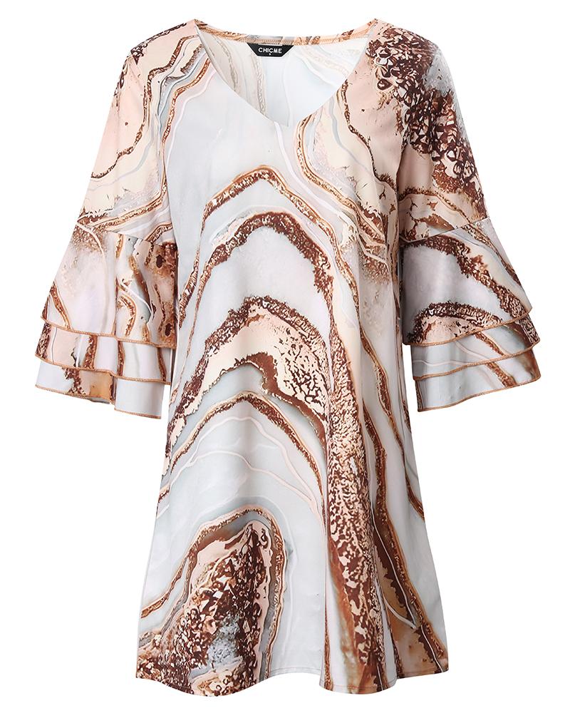Marble Print Bell Sleeve Casual Dress