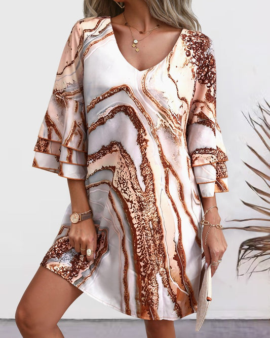 Marble Print Bell Sleeve Casual Dress