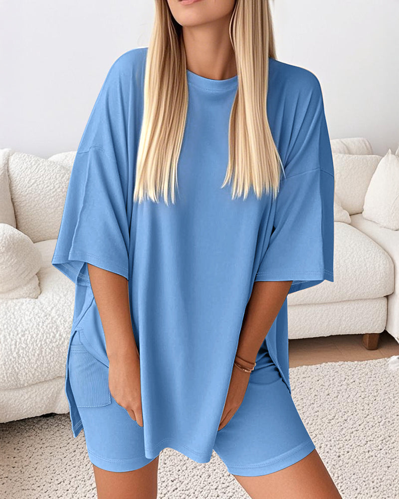 Round Neck Short Sleeve Slit Top and Casual Shorts Set with Single Pocket