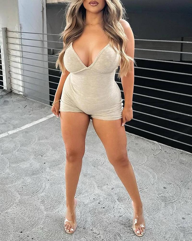 Backless Lace up Ruched Ribbed Romper