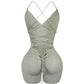 Backless Lace up Ruched Ribbed Romper